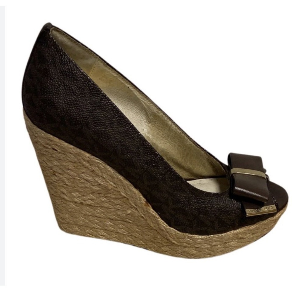 Michael Kors MEG‎ MK 8.5 Brown Logo Signature Peep Toe Bow Espadrille's Wedges